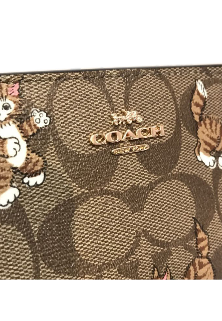 Coach Snap Wallet In Signature Canvas With Dancing Kitten Print - Brown