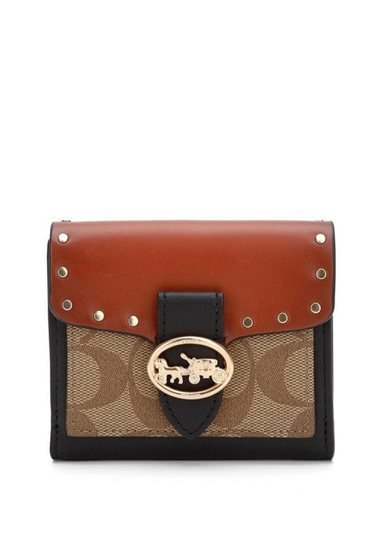 Coach Georgie Small Wallet In Colorblock Signature Canvas With Rivets - Brown/Terracotta