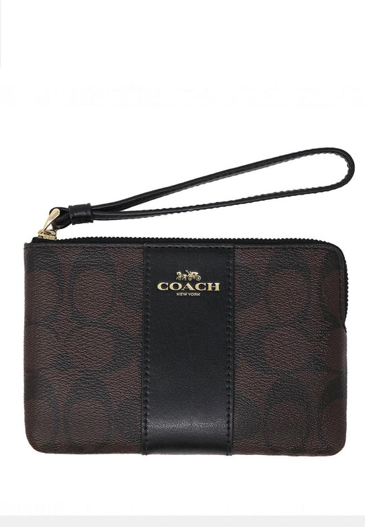 Coach Corner Zip Wristlet In Signature Canvas - Dark Brown