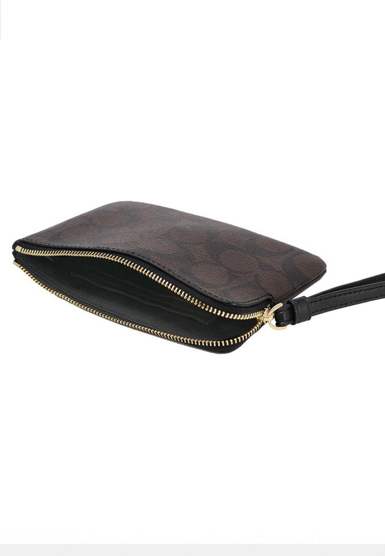 Coach Corner Zip Wristlet In Signature Canvas - Dark Brown