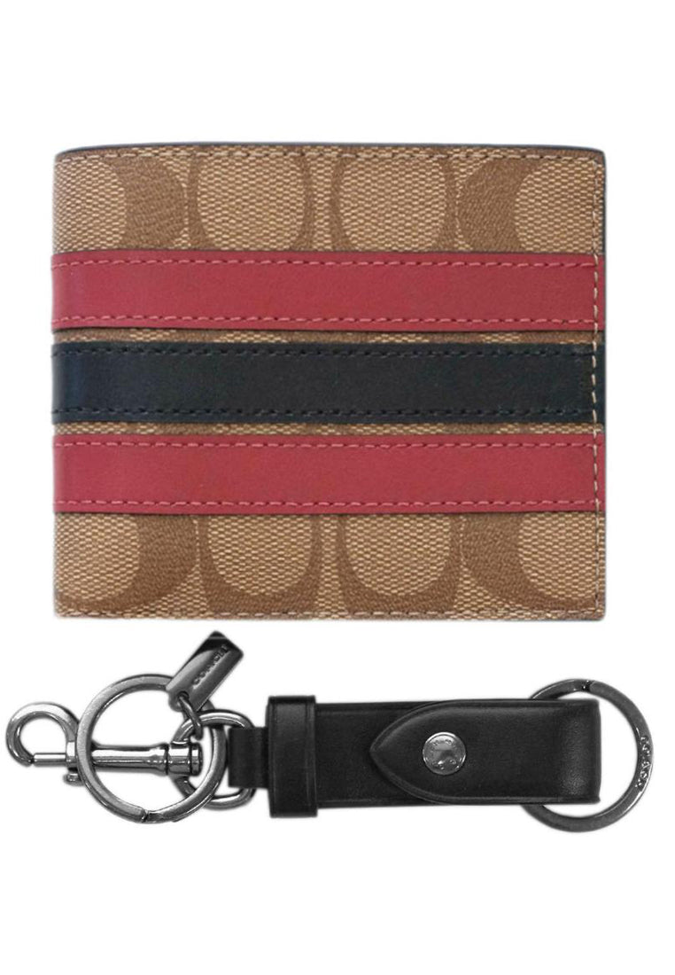 Coach Mens Boxed ID Billfold Wallet In Signature Canvas & Key Fob Gift Set - Brown