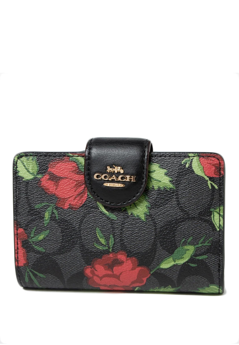 Coach Medium Corner Zip Wallet In Signature Canvas With Fairytale Rose Print - Black/Multi