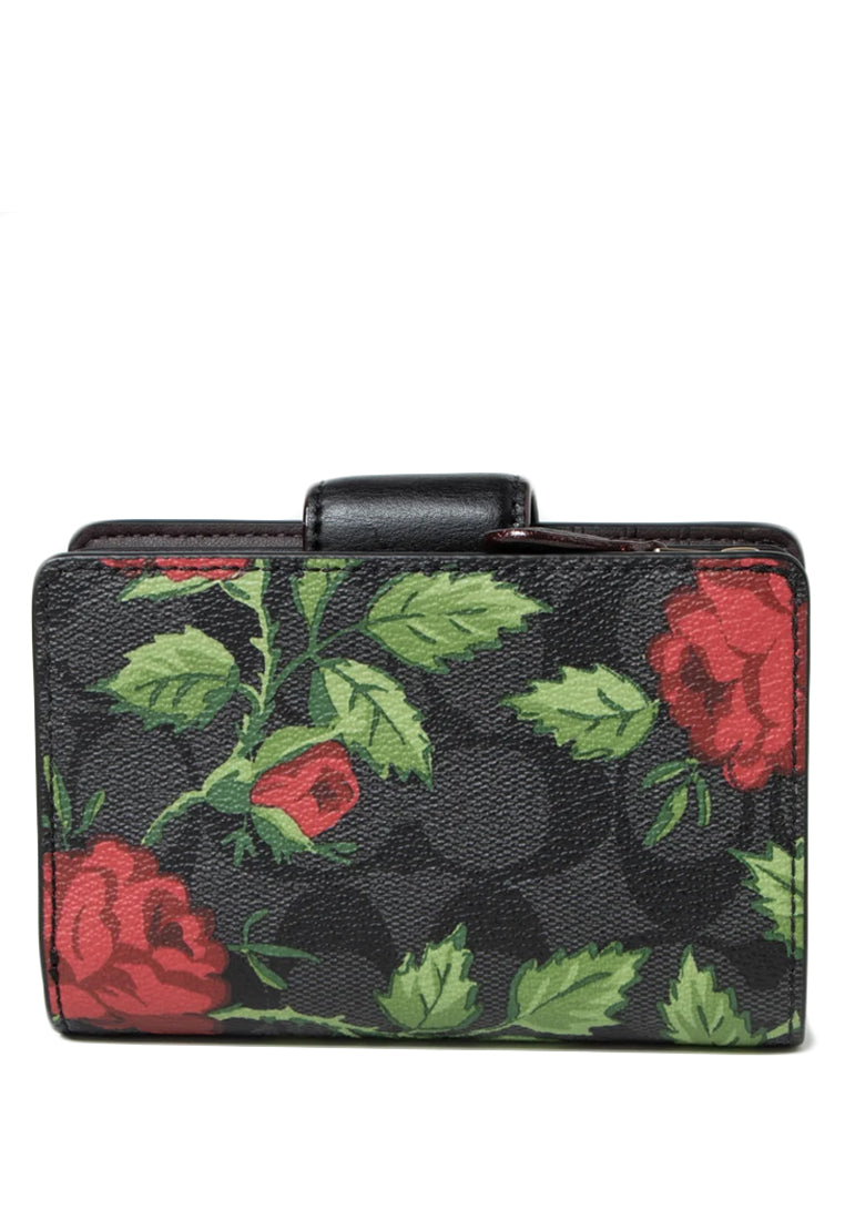 Coach Medium Corner Zip Wallet In Signature Canvas With Fairytale Rose Print - Black/Multi