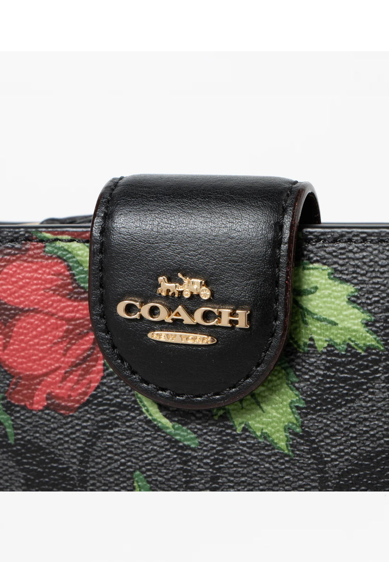 Coach Medium Corner Zip Wallet In Signature Canvas With Fairytale Rose Print - Black/Multi