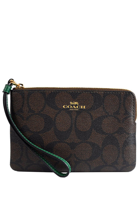 Coach Corner Zip Wristlet In Signature Canvas - Brown/Green