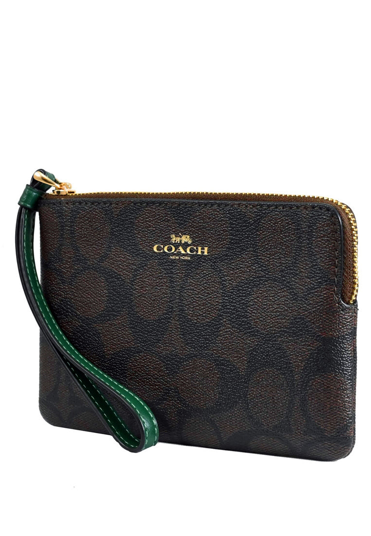 Coach Corner Zip Wristlet In Signature Canvas - Brown/Green