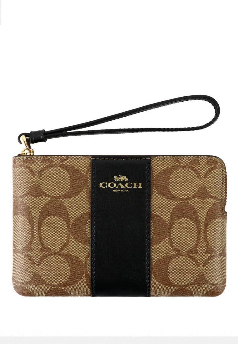 Coach Corner Zip Wristlet In Signature Canvas - Brown/Black