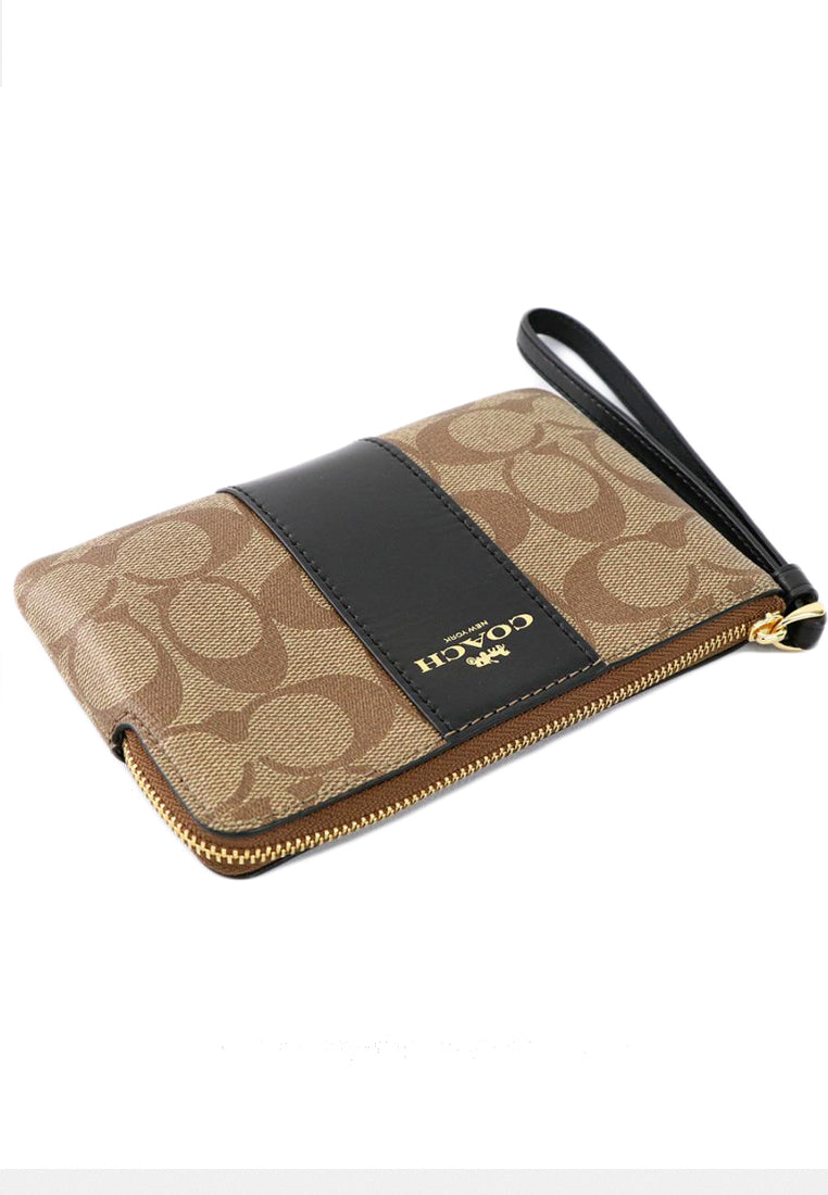 Coach Corner Zip Wristlet In Signature Canvas - Brown/Black