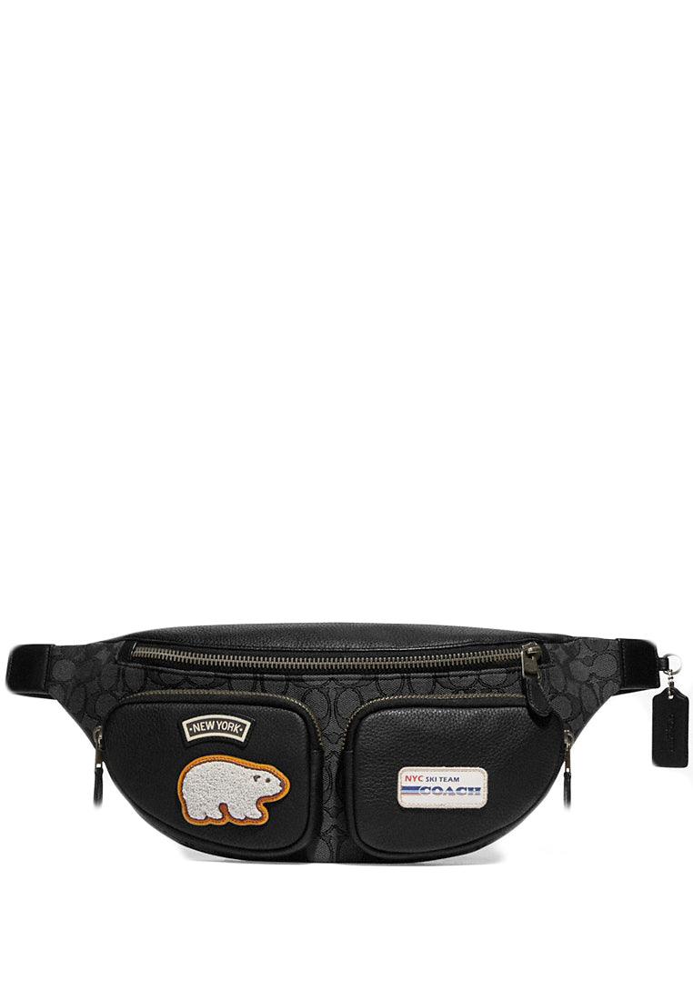 Coach Mens Sprint Belt Bag In Signature Jacquard With Ski Patches - Black