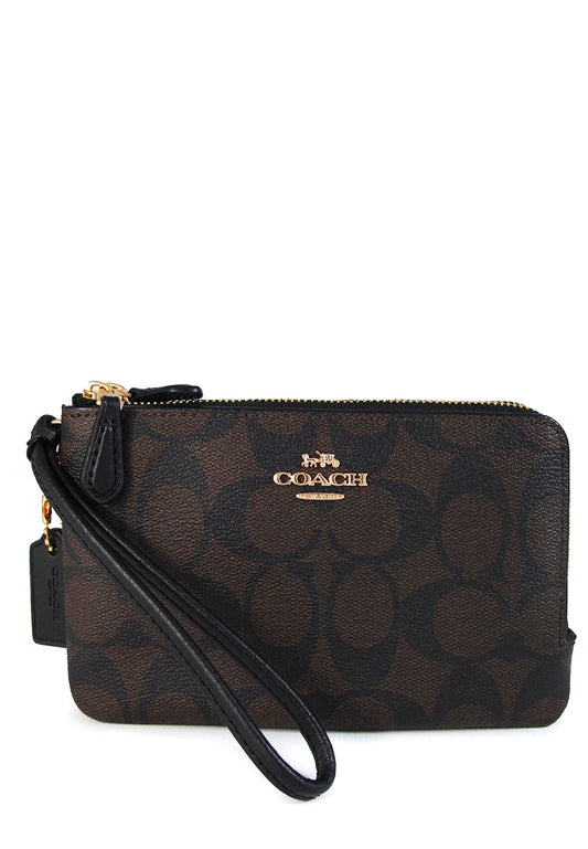 Coach Double Corner Zip Wristlet In Signature Canvas - Dark Brown