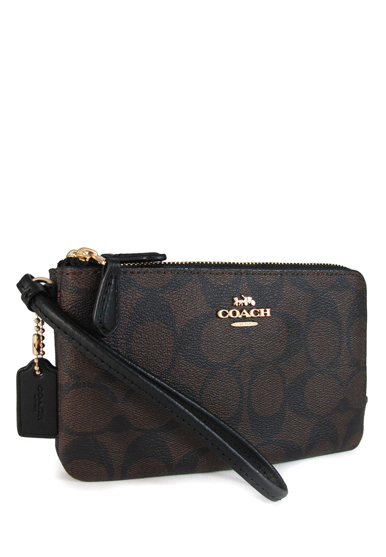 Coach Double Corner Zip Wristlet In Signature Canvas - Dark Brown