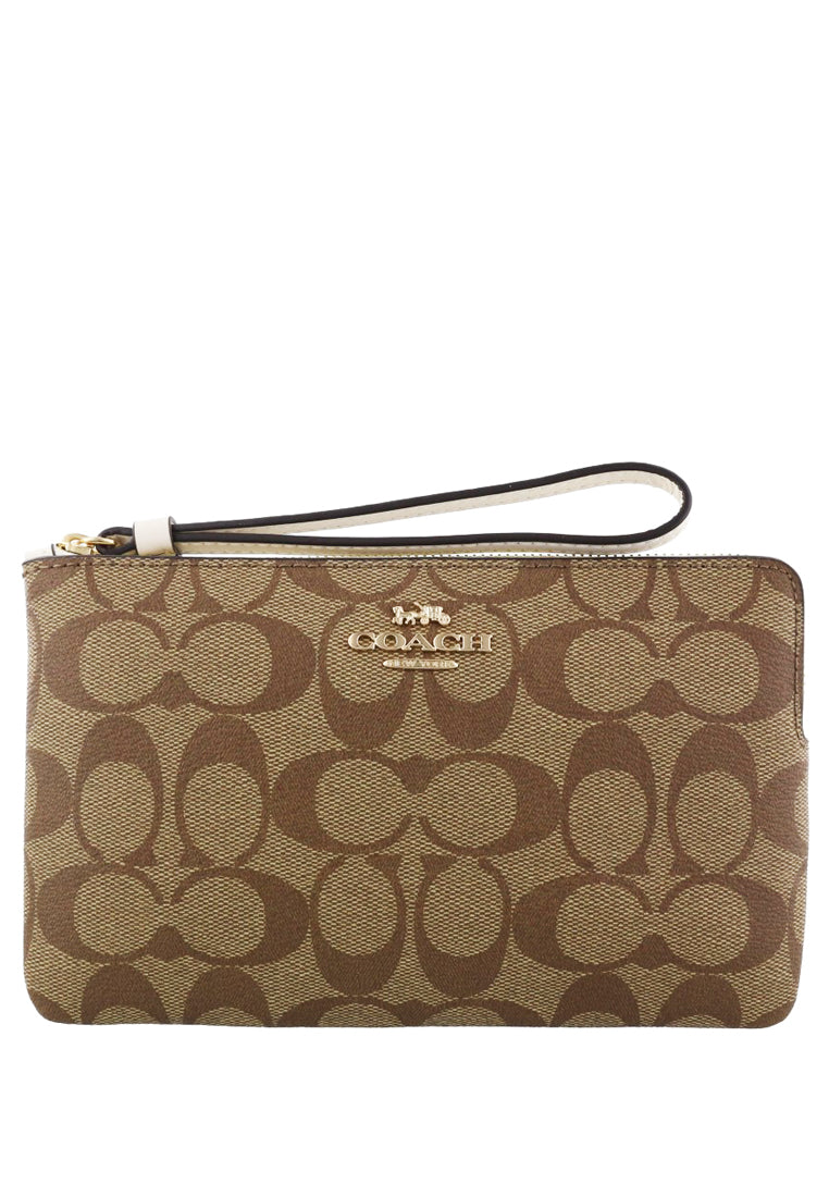 Coach Large Corner Zip Wristlet In Signature Canvas - Brown/White