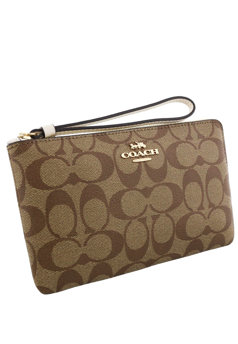 Coach Large Corner Zip Wristlet In Signature Canvas - Brown/White