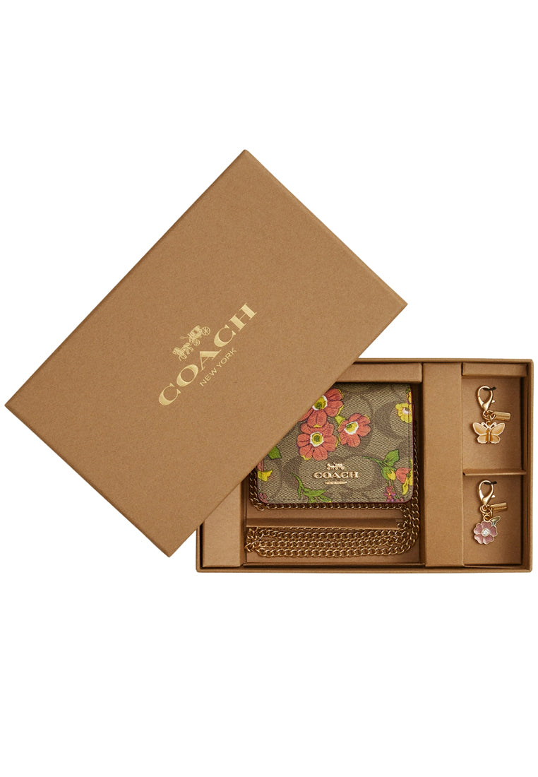 Coach Boxed Mini Wallet On A Chain In Signature Canvas With Floral Print - Brown