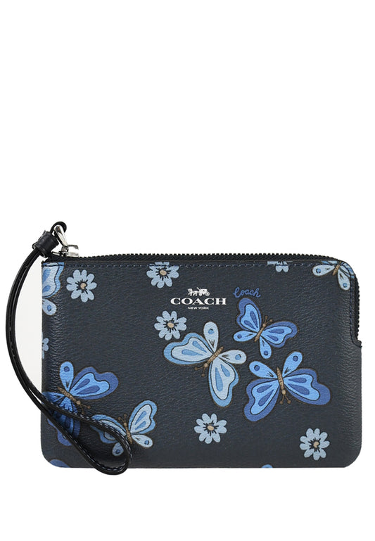 Coach Corner Zip Wristlet With Lovely Butterfly Print - Navy