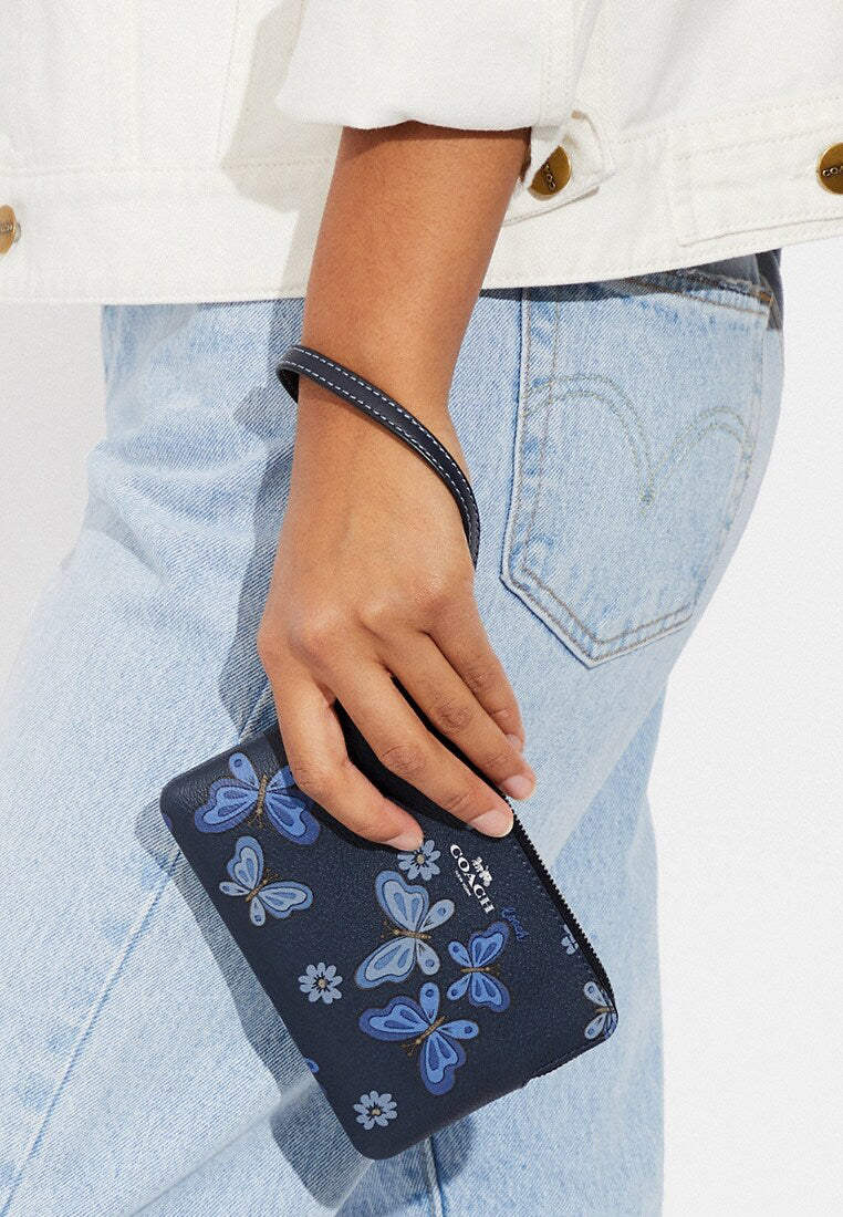 Coach Corner Zip Wristlet With Lovely Butterfly Print - Navy