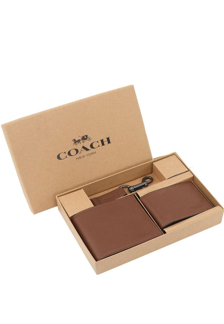 Coach Mens Boxed Compact ID Wallet With Trigger Snap Key Fob - Brown