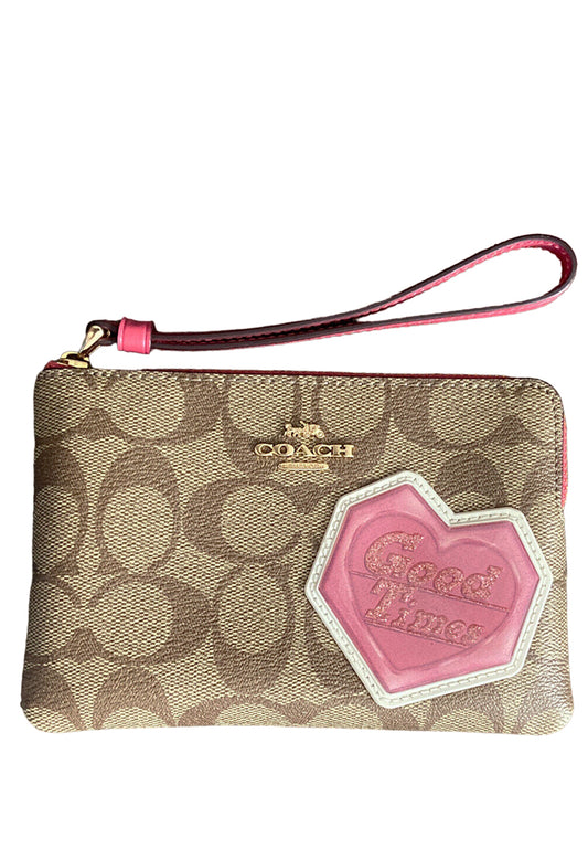 Coach Corner Zip Wristlet In Signature Canvas With Disco Patches - Brown