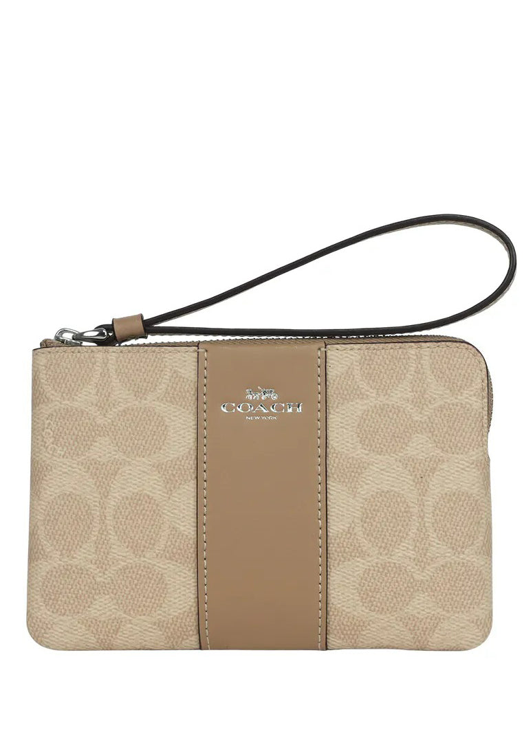 Coach Corner Zip Wristlet In Signature Canvas With Stripe -Sand/Taupe