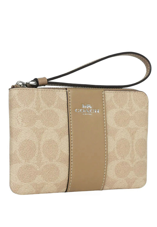 Coach Corner Zip Wristlet In Signature Canvas With Stripe -Sand/Taupe