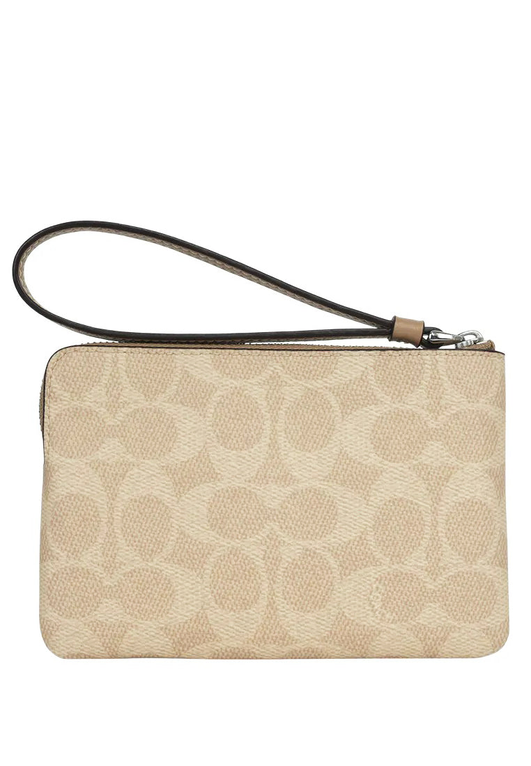 Coach Corner Zip Wristlet In Signature Canvas With Stripe -Sand/Taupe