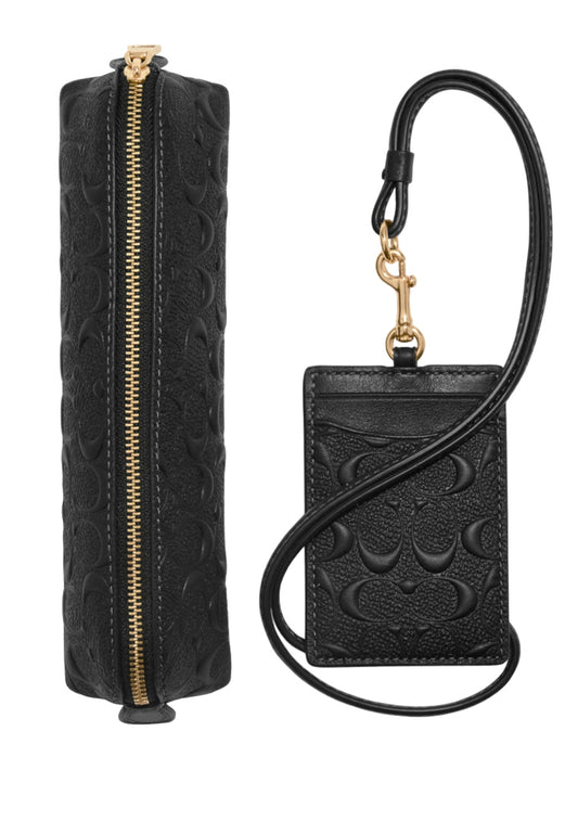 Coach Boxed Pencil Case And ID Lanyard Set In Signature Leather - Black