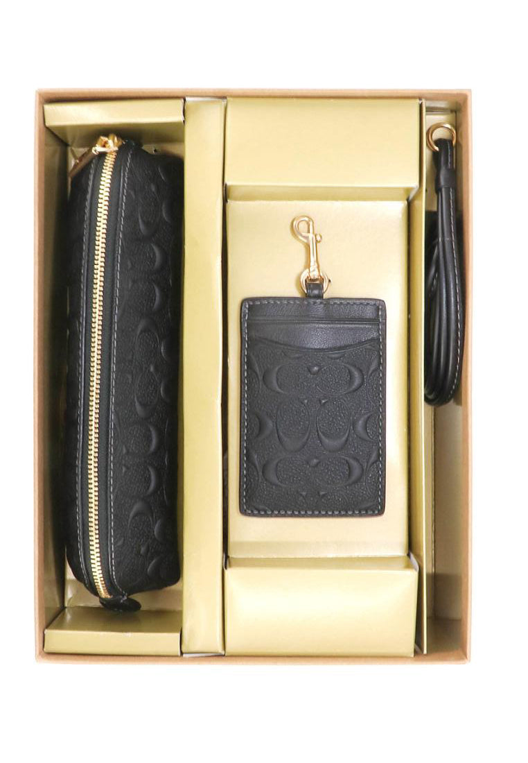 Coach Boxed Pencil Case And ID Lanyard Set In Signature Leather - Black