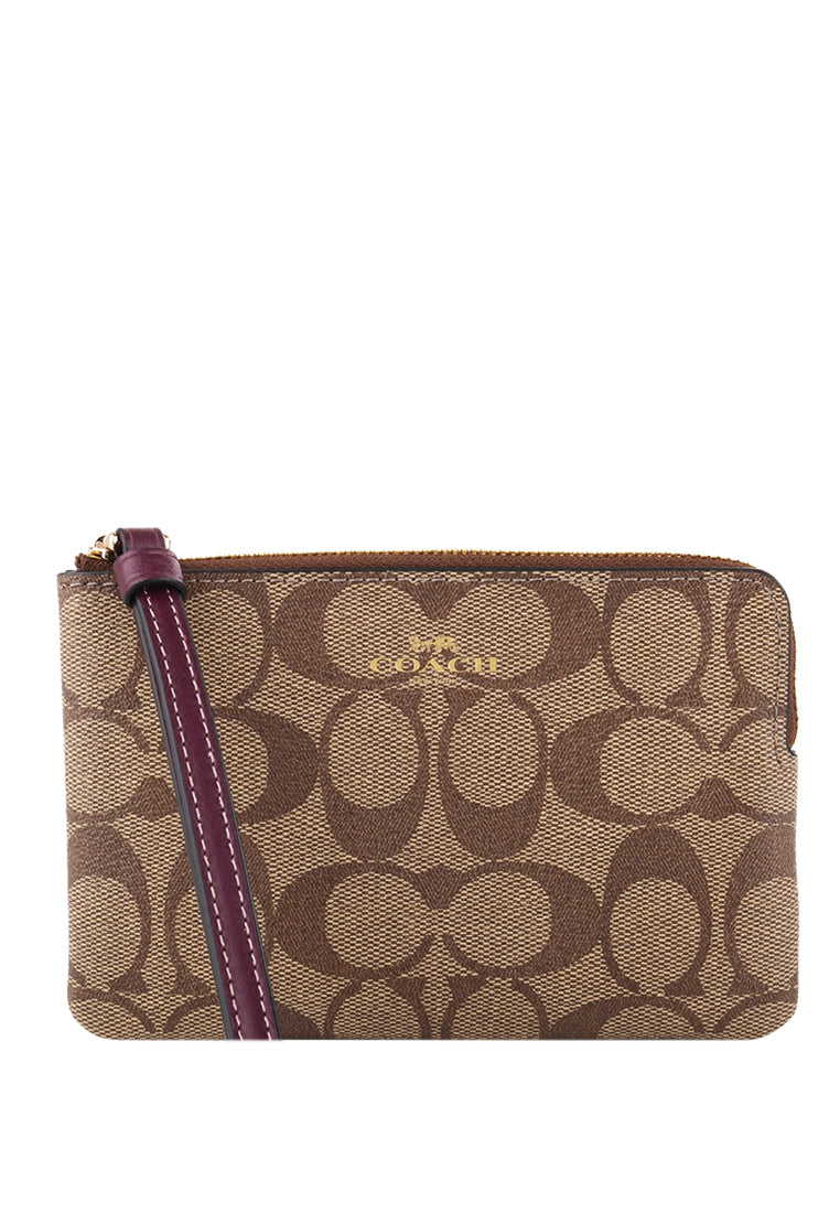 Coach Corner Zip Wristlet In Signature Canvas - Brown/Deep Berry