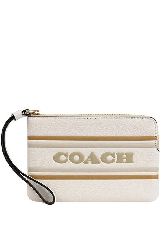 Coach Corner Zip Wristlet With Coach Stripe - White