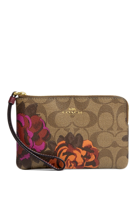 Coach Corner Zip Wristlet In Signature Canvas With Jumbo Floral Print - Brown