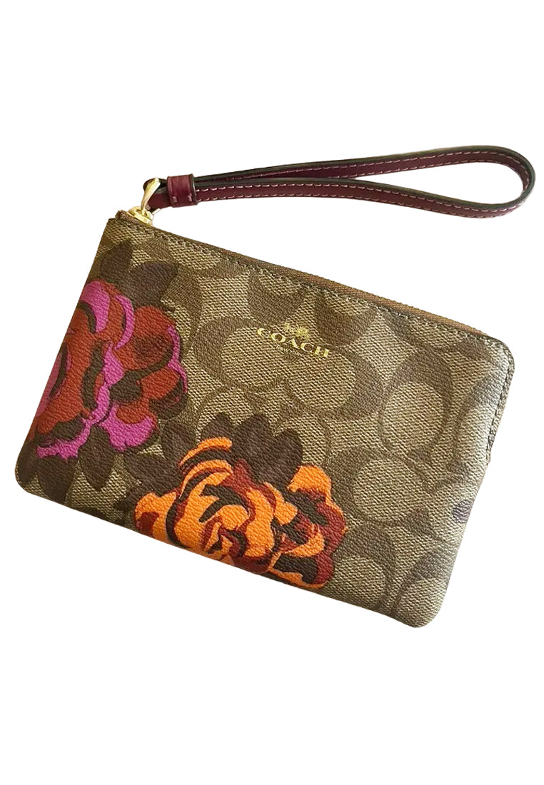 Coach Corner Zip Wristlet In Signature Canvas With Jumbo Floral Print - Brown