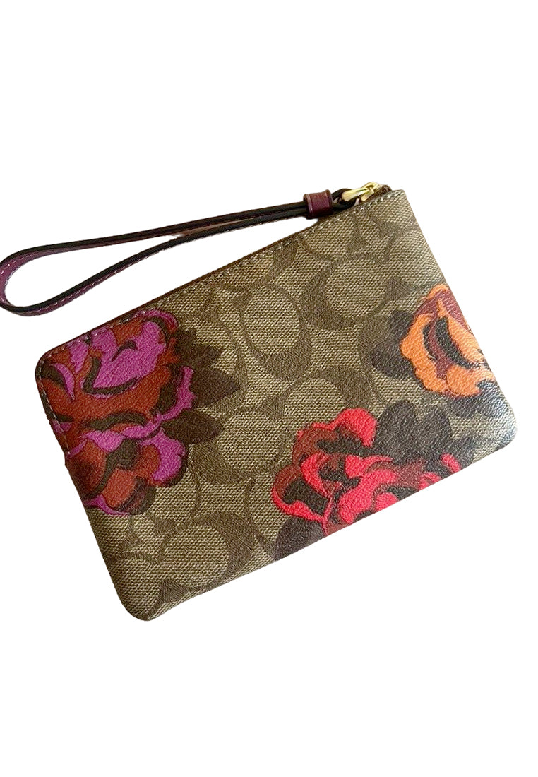 Coach Corner Zip Wristlet In Signature Canvas With Jumbo Floral Print - Brown