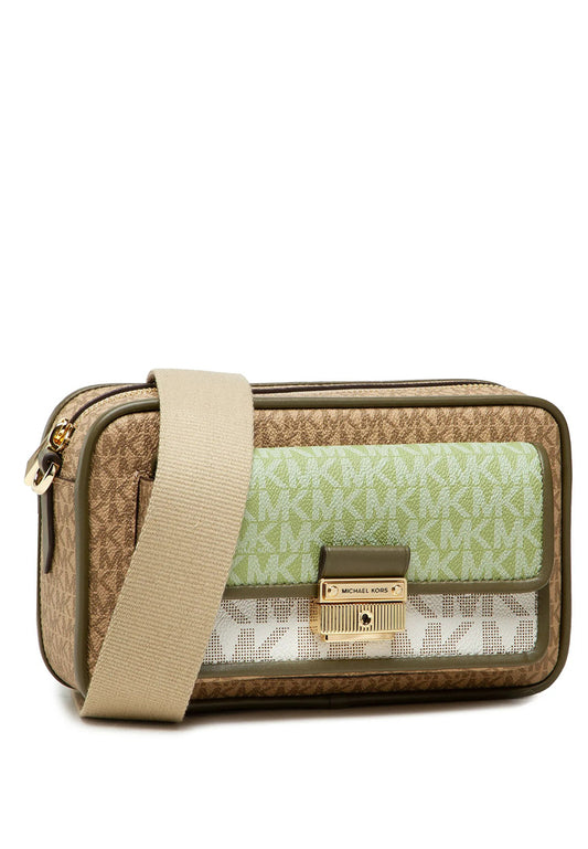 Michael Kors Bradshaw Medium Color-Block Graphic Logo Camera Bag - Camel Brown/Multi