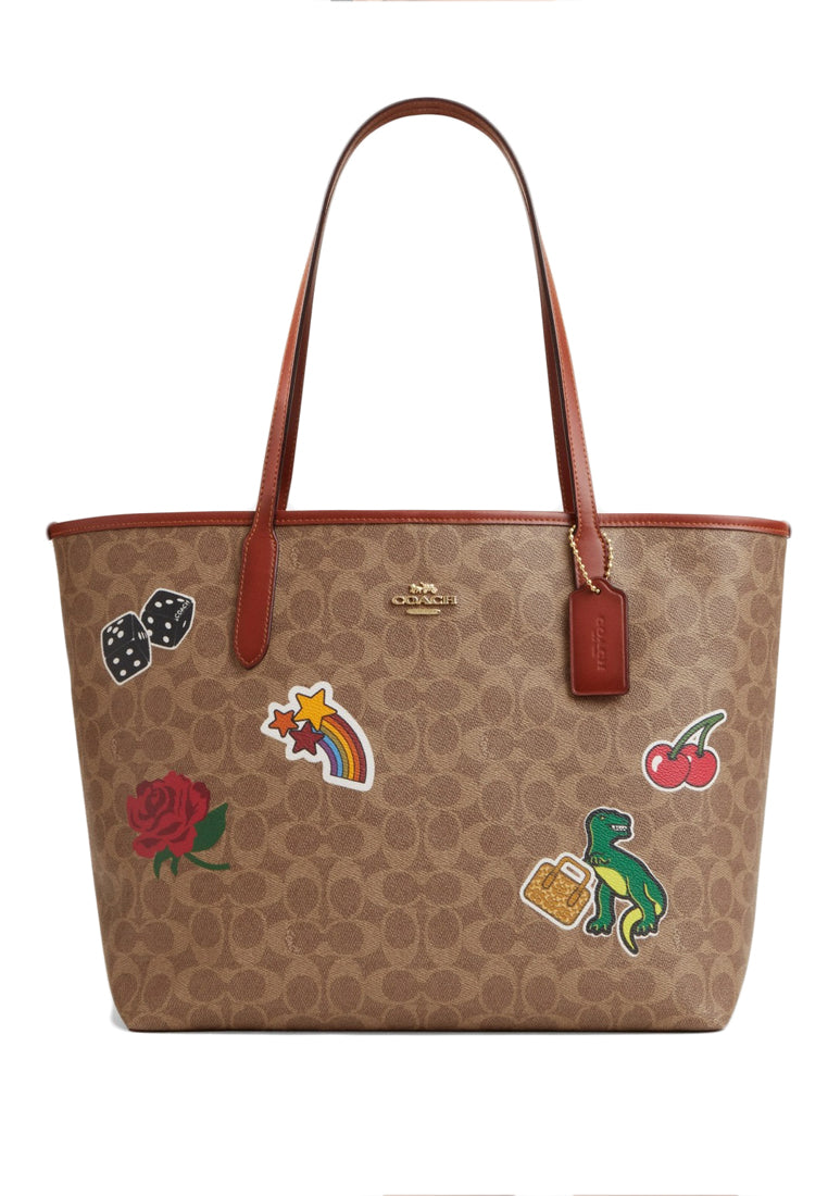 Coach City Tote Bag In Signature Canvas With Sticker Print - Brown