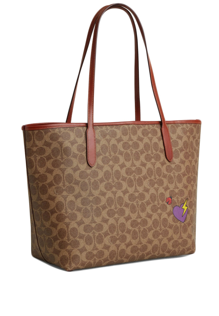 Coach City Tote Bag In Signature Canvas With Sticker Print - Brown