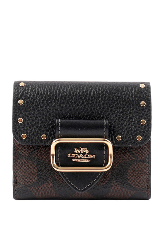 Coach Small Morgan Wallet In Colorblock Signature Canvas With Rivets - Dark Brown