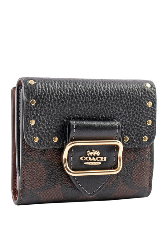 Coach Small Morgan Wallet In Colorblock Signature Canvas With Rivets - Dark Brown