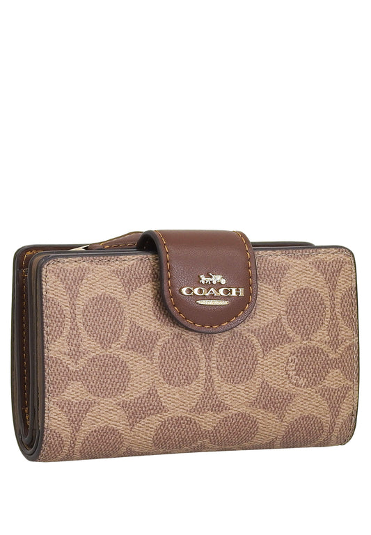 Coach Medium Corner Zip Wallet In Signature Canvas - Tan Brown