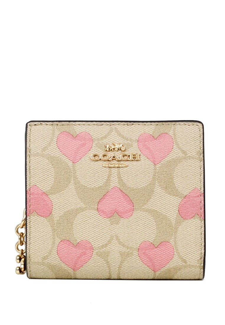 Coach Snap Wallet In Signature Canvas With Heart Print - Light Brown/Multi