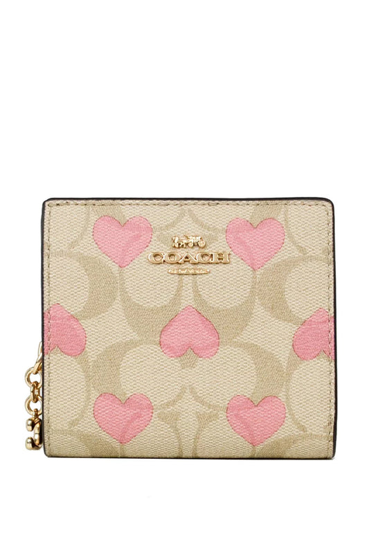 Coach Snap Wallet In Signature Canvas With Heart Print - Light Brown/Multi