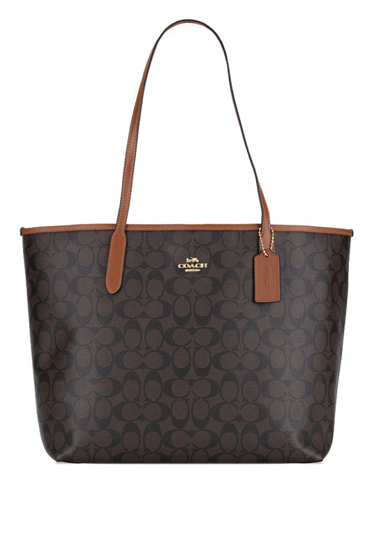 Coach City Tote In Signature Canvas - Dark Brown/Redwood