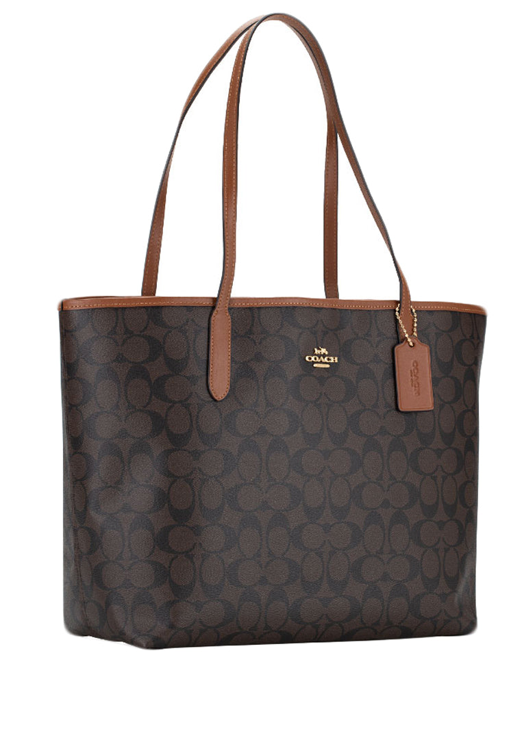 Coach City Tote In Signature Canvas - Dark Brown/Redwood