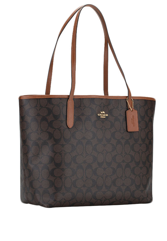 Coach City Tote In Signature Canvas - Dark Brown/Redwood