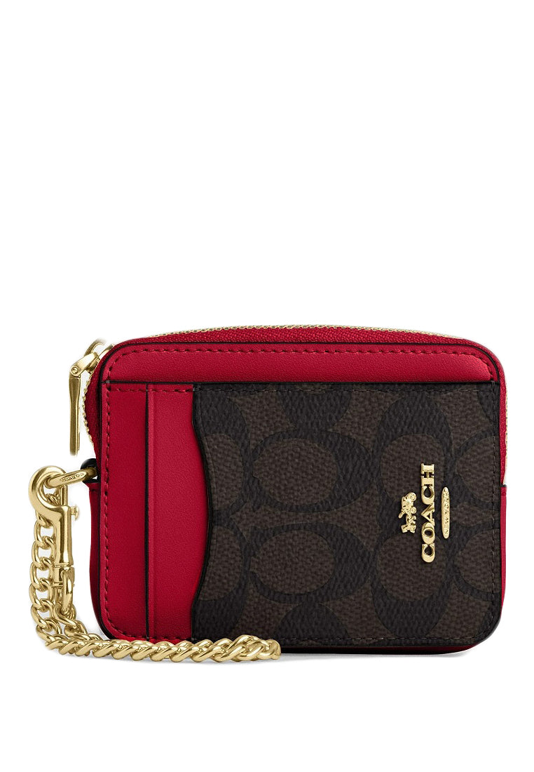 Coach Zip Card Case In Signature Canvas - Walnut/Bold Red