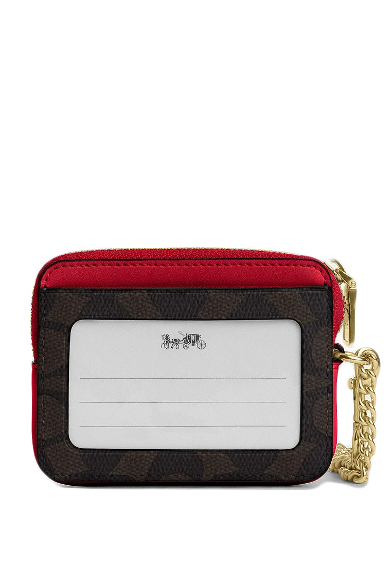 Coach Zip Card Case In Signature Canvas - Walnut/Bold Red