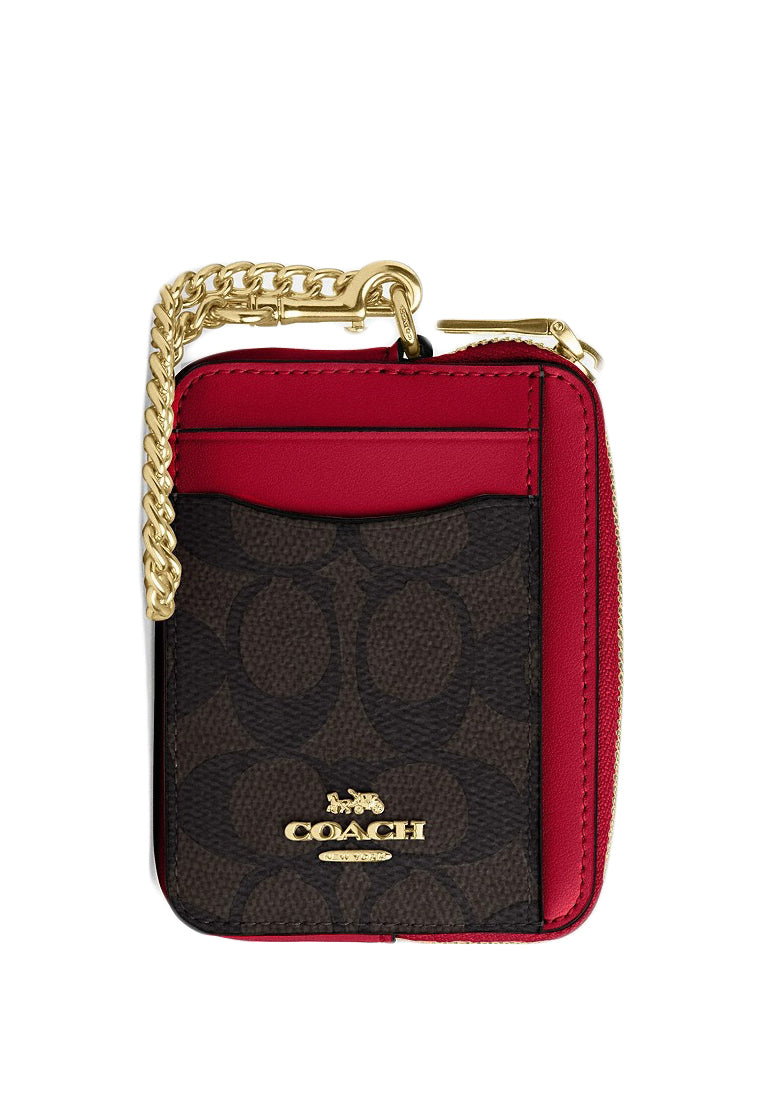 Coach Zip Card Case In Signature Canvas - Walnut/Bold Red