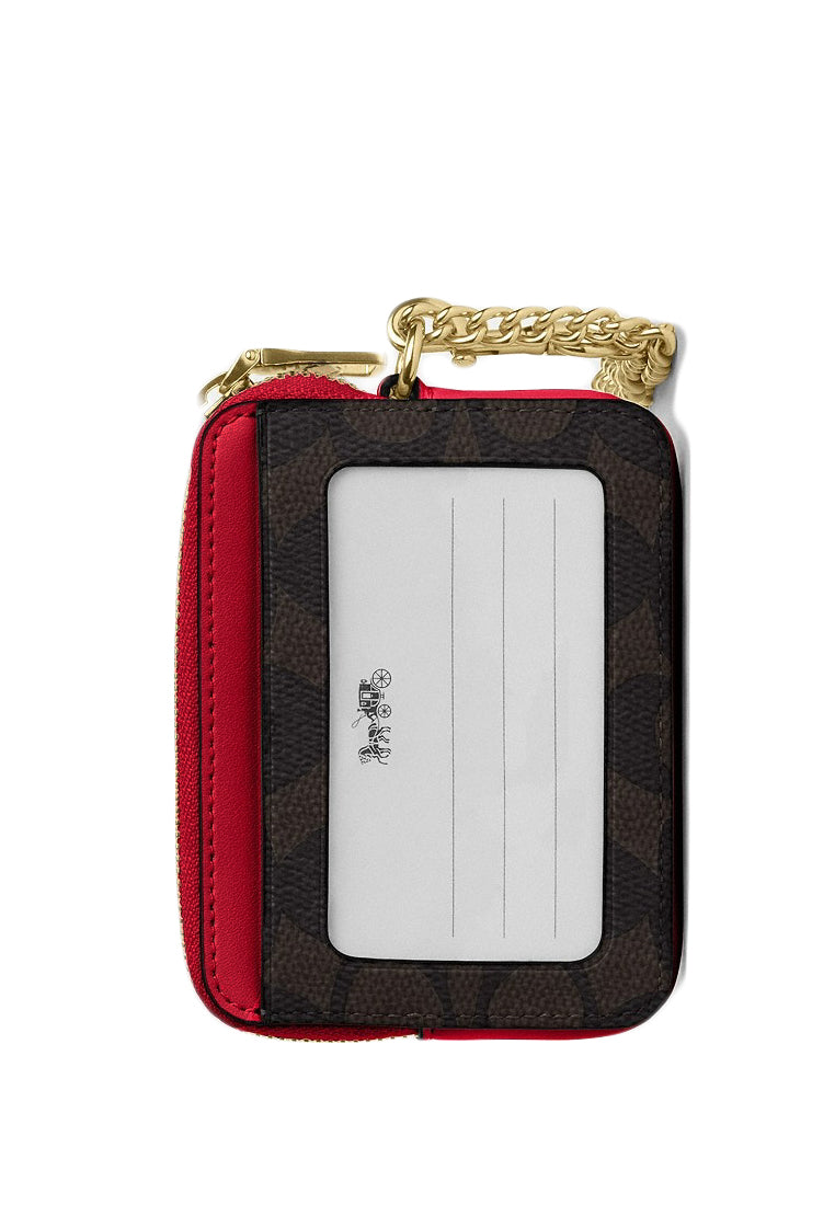 Coach Zip Card Case In Signature Canvas - Walnut/Bold Red