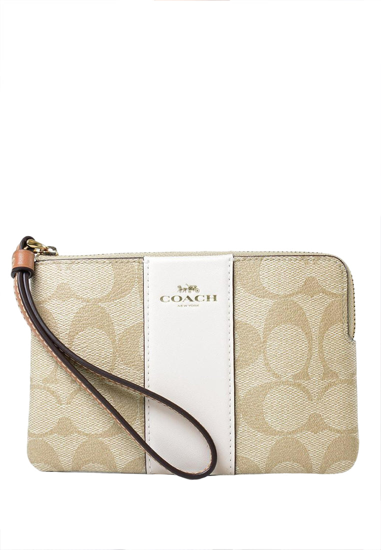 Coach Corner Zip Wristlet In Signature Canvas With Stripe - Light Brown/White