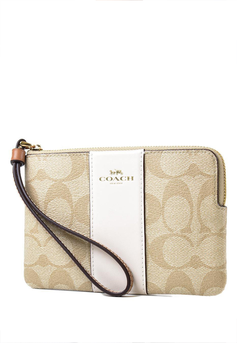 Coach Corner Zip Wristlet In Signature Canvas With Stripe - Light Brown/White