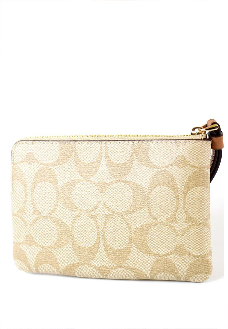 Coach Corner Zip Wristlet In Signature Canvas With Stripe - Light Brown/White